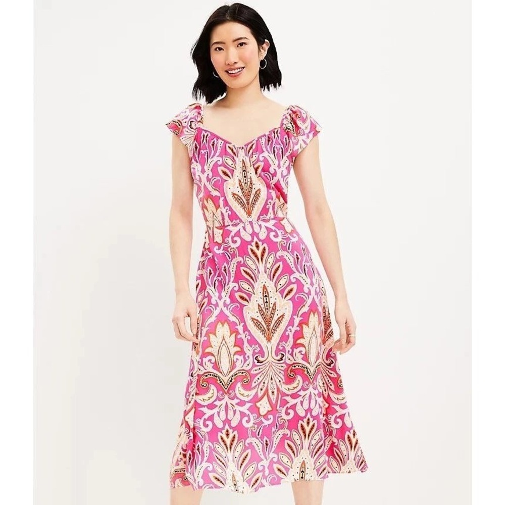 LOFT Paisley Pink Flutter Sleeve Midi Dress Size Size 8